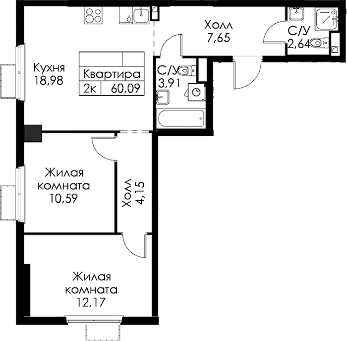 2-комнатная квартира 60.09 м², 7/15 эт., ЖК «Янинский лес»